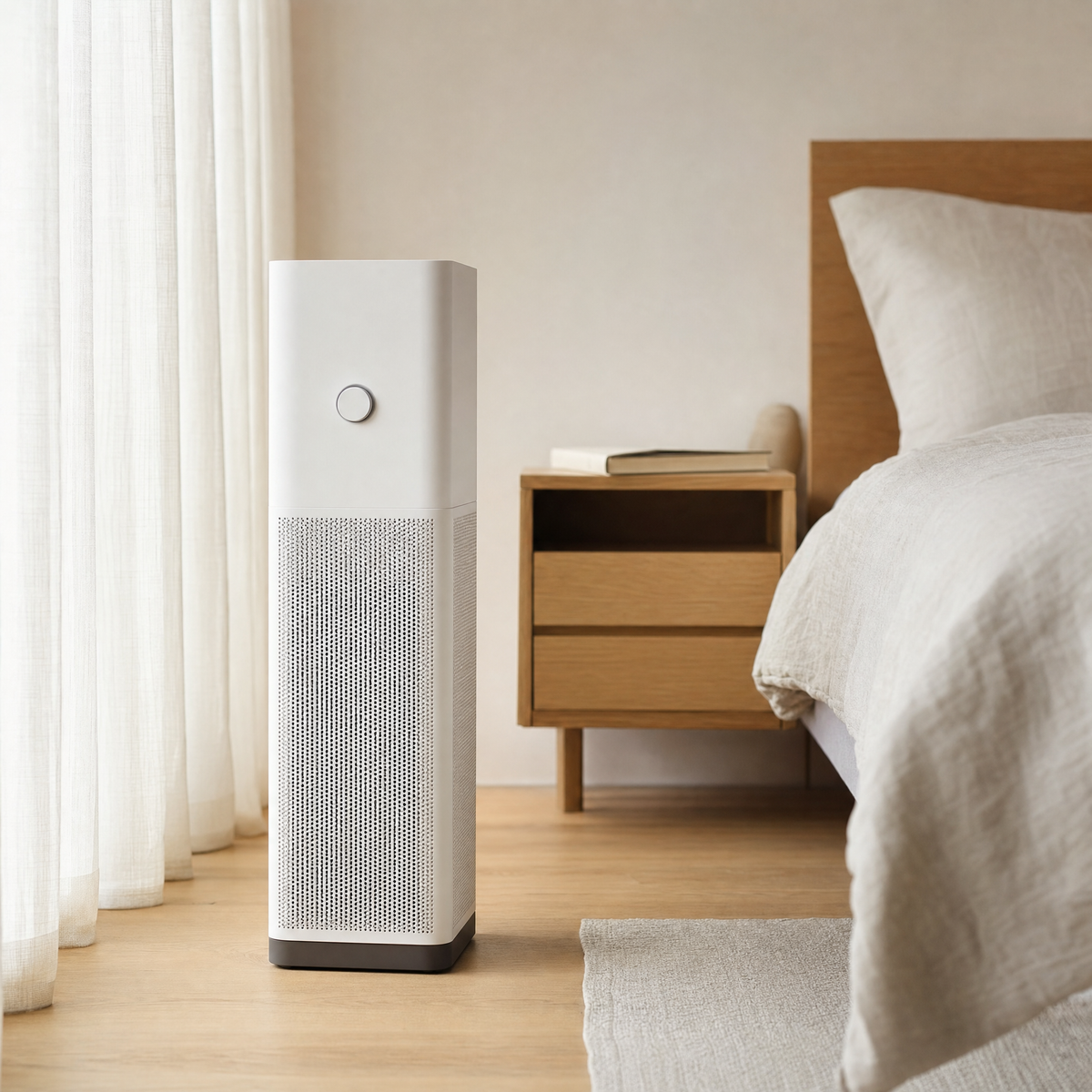 Orzennia A1 air purifier beside a bed in a modern bedroom