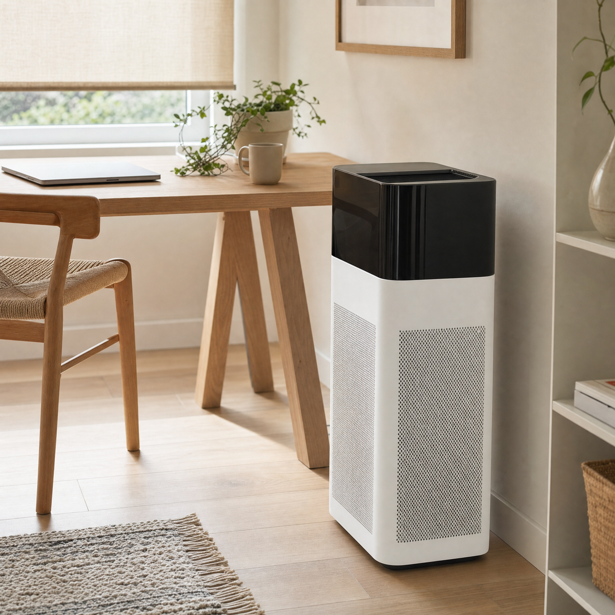 Orzennia A2 air purifier beside a desk in a home office