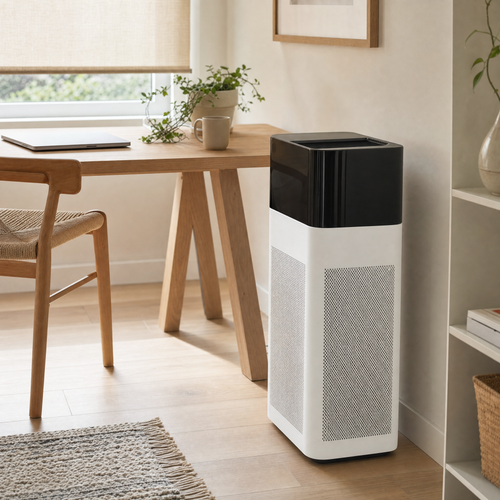 Orzennia A2 air purifier beside a desk in a home office