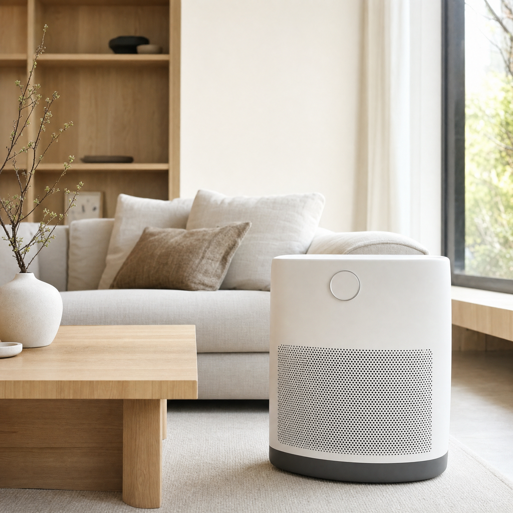 Orzennia A3 air purifier beside a sofa in a living room