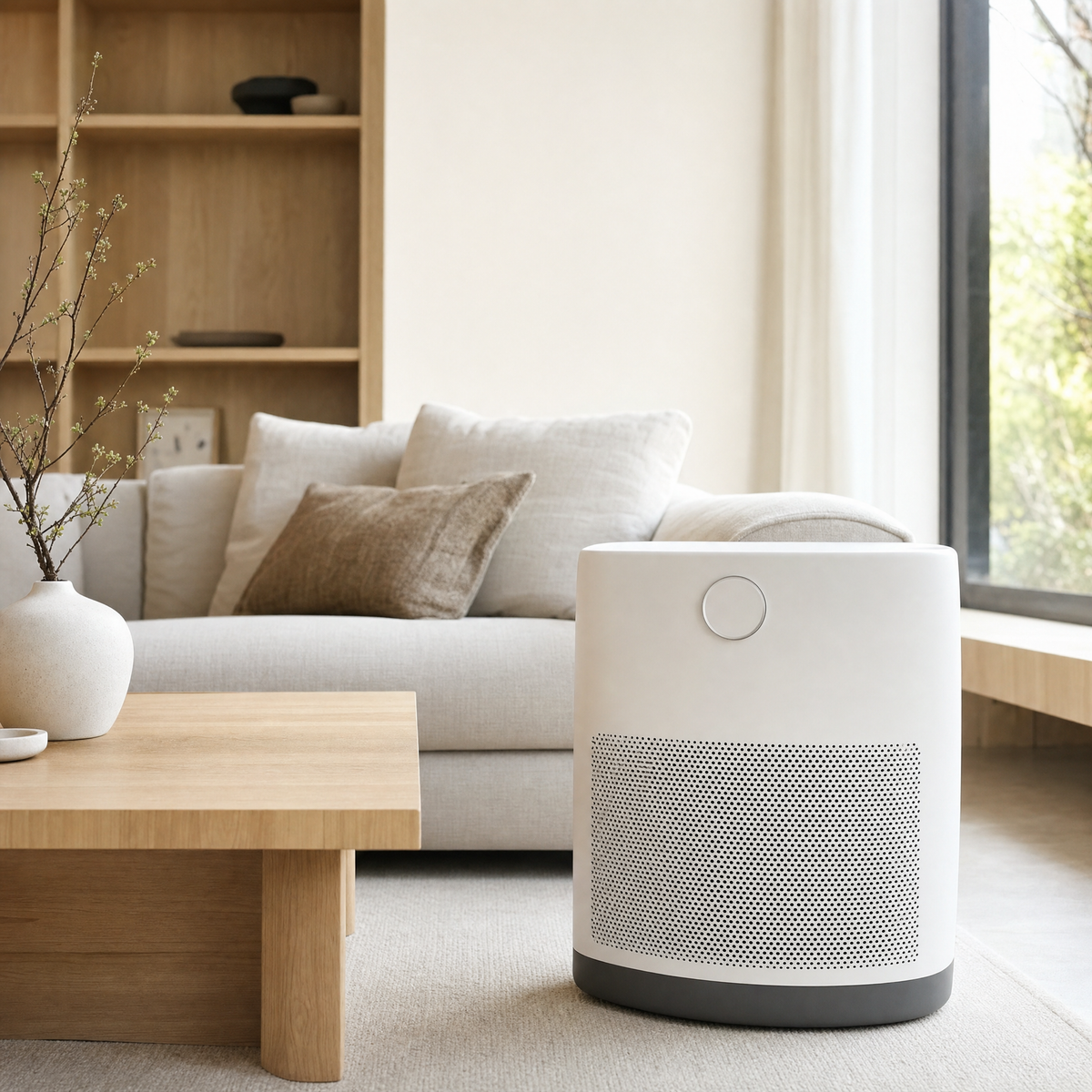 Orzennia A3 air purifier beside a sofa in a living room