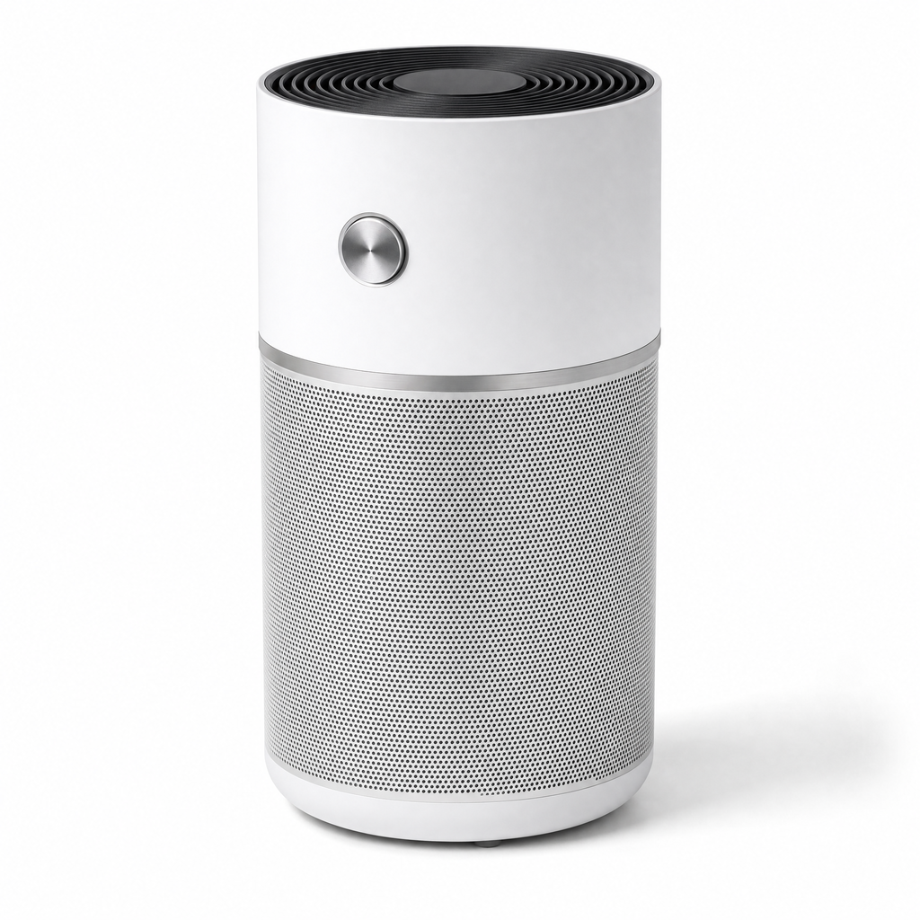 Orzennia A4 air purifier in white, three-quarter view on a white background