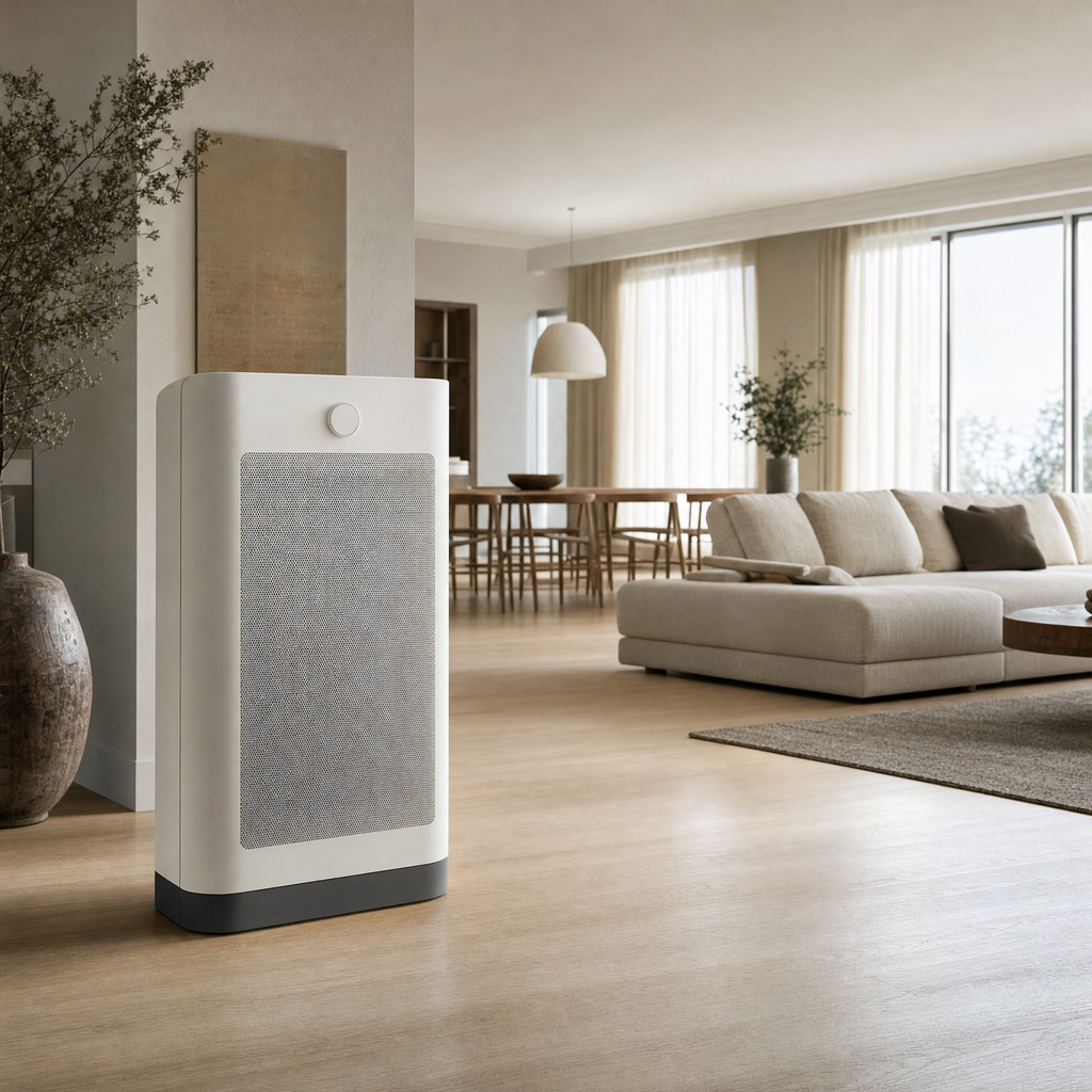 Orzennia A5 air purifier in a large open-plan living and dining room