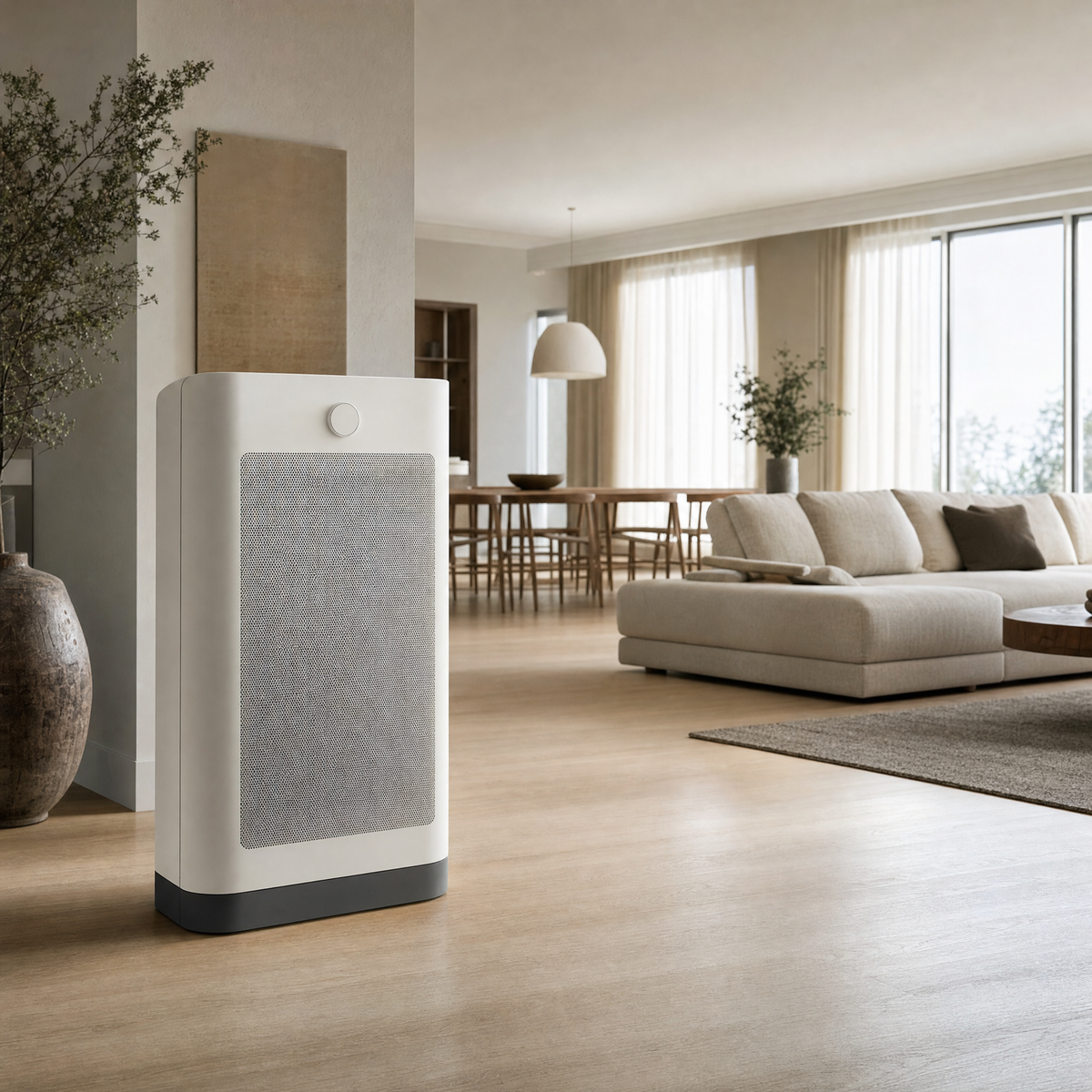 Orzennia A5 air purifier in a large open-plan living and dining room