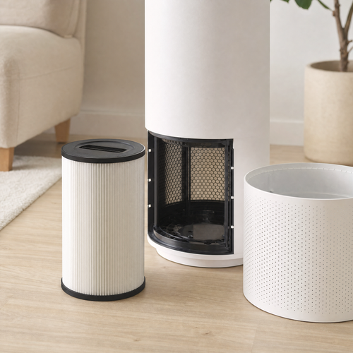Replacement filter cartridge beside an opened Orzennia air purifier